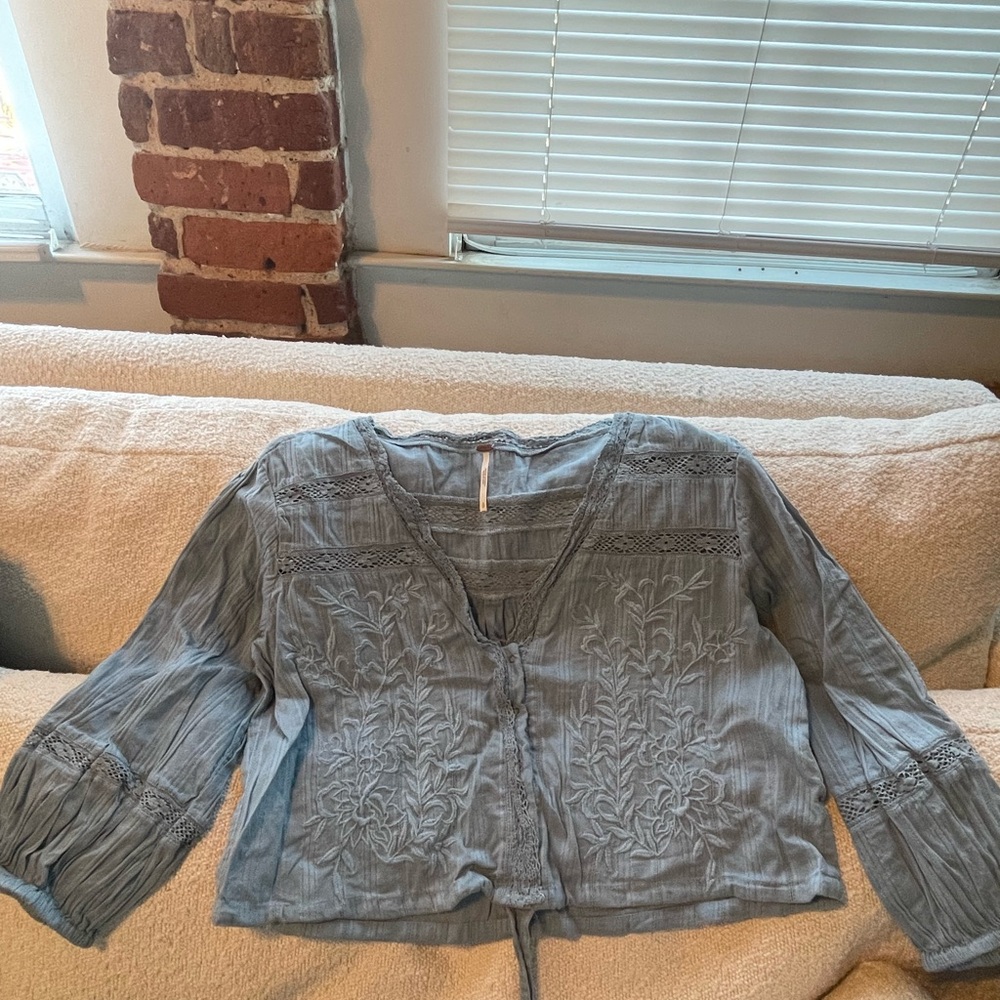 Free People Blue Embroidered Blouse